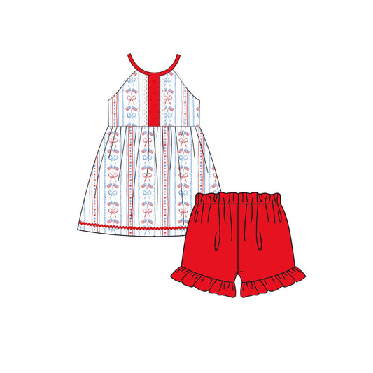 ( Moq 5 ) Preorder Baby Girls Kids Flags Bows Tunic Red Shorts 4th of July Clothes Set