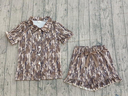 ( No moq ) Preorder Adult Women Short Sleeves Camo Buttons Pocket Shirt Ruffle Bow Shorts Pajamas Set