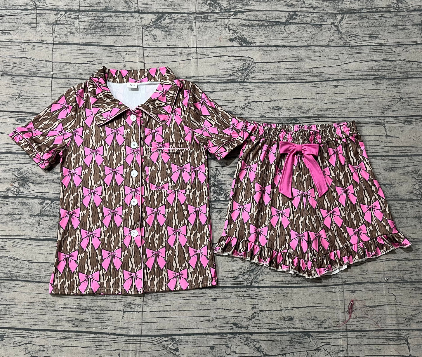 Adult Women Short Sleeves Camo Buttons Pocket Shirt Ruffle Pink Bows Shorts Pajamas Set RTS