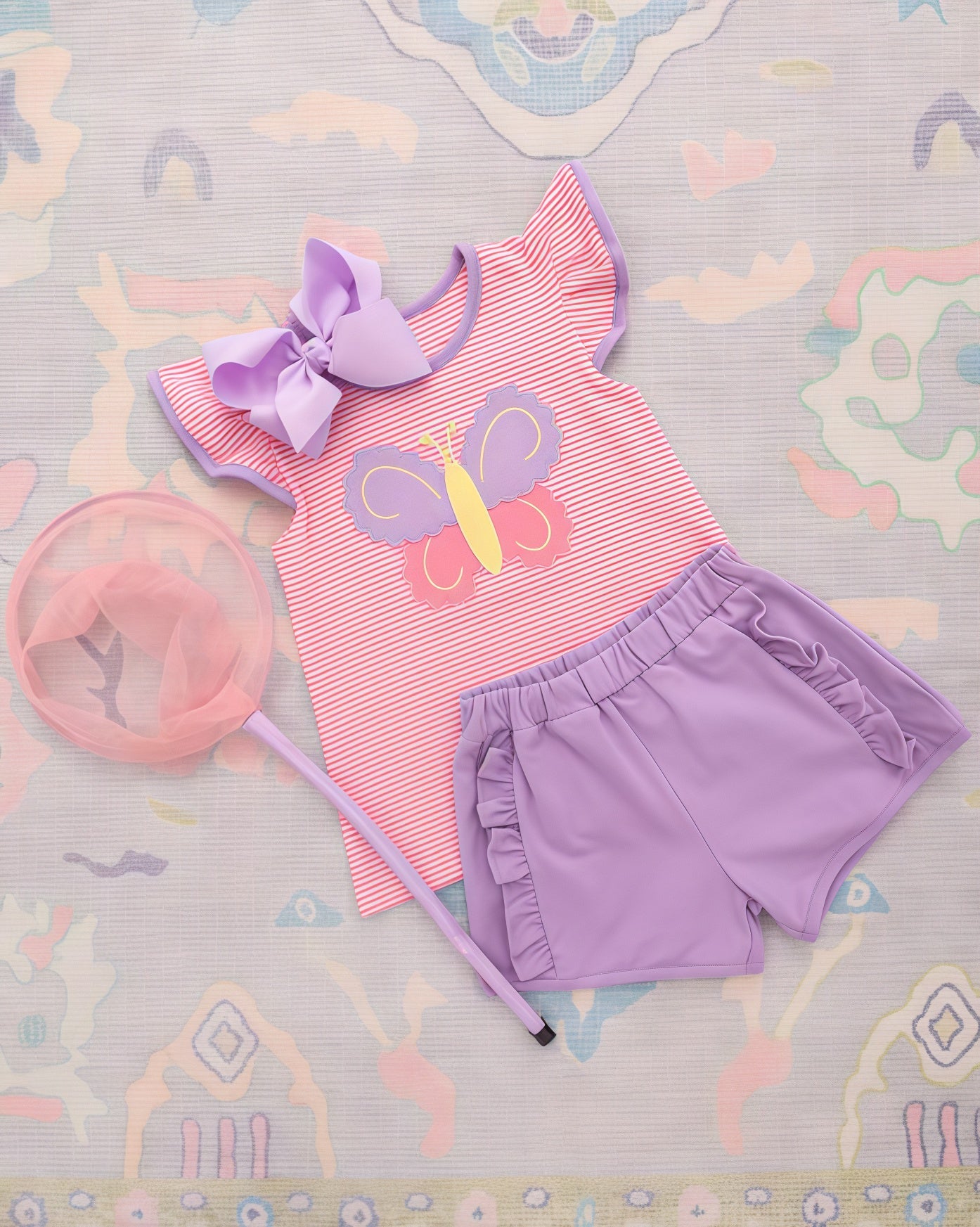 ( Moq 5 ) Preorder Baby Girls Short Sleeves Butterfly Stripes Tops Purple Ruffle Shorts Clothes Set