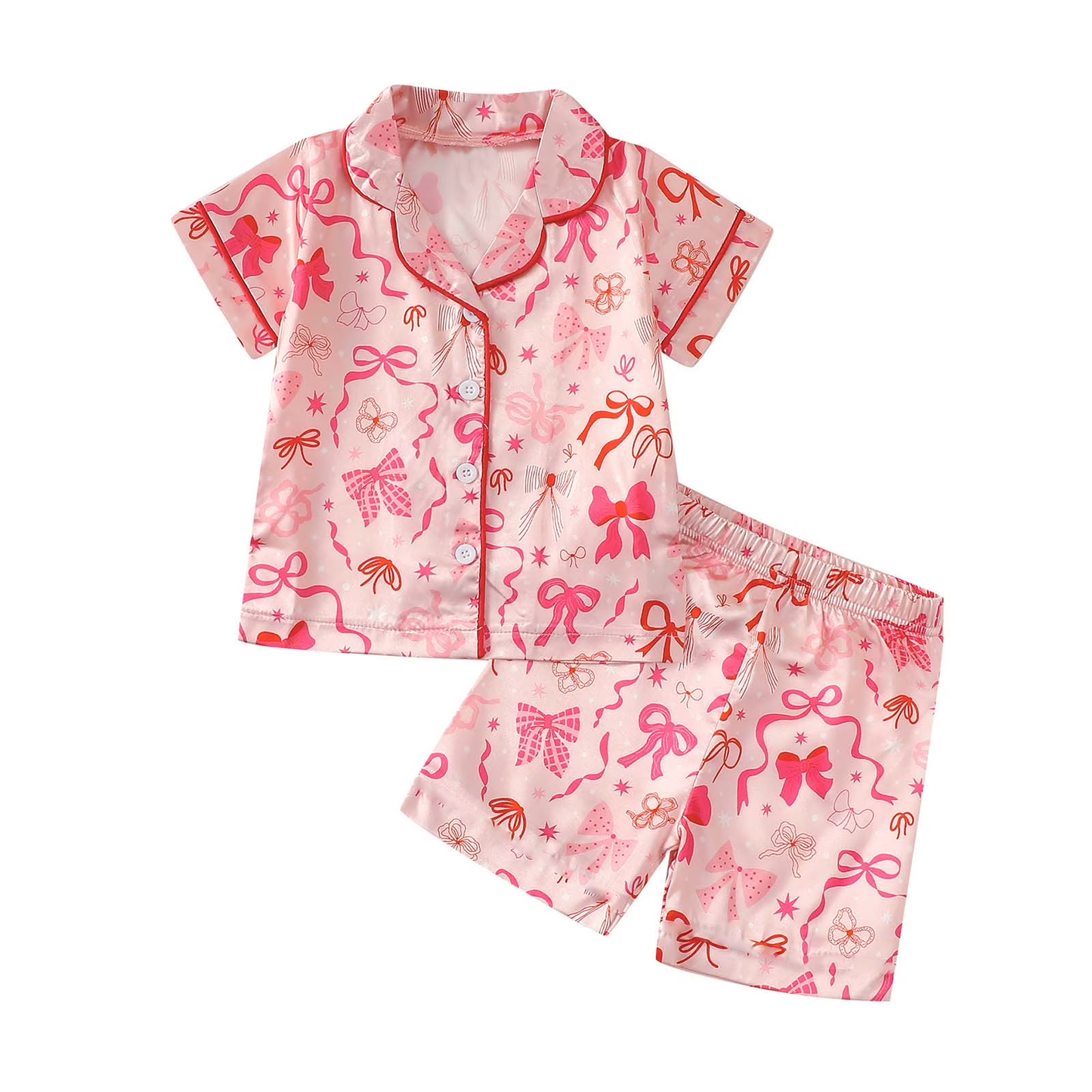 ( Moq 5 ) Preorder Baby Girls Kids Short Sleeves Bows Buttons Shirt Shorts Pajamas Set