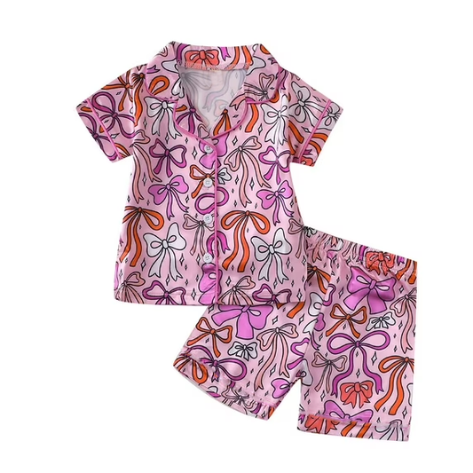 ( Moq 5 ) Preorder Baby Girls Kids Short Sleeves Bows Buttons Shirt Shorts Pajamas Pink Set