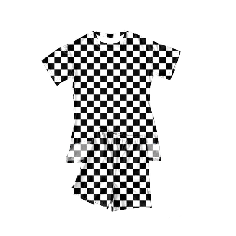 ( Moq 5 ) Preorder Baby Girls Short Sleeves Black Checked Tops Shorts Summer Clothes Set