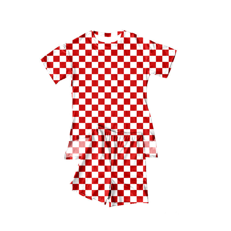 ( Moq 5 ) Preorder Baby Girls Short Sleeves Red Checked Tops Shorts Summer Clothes Set