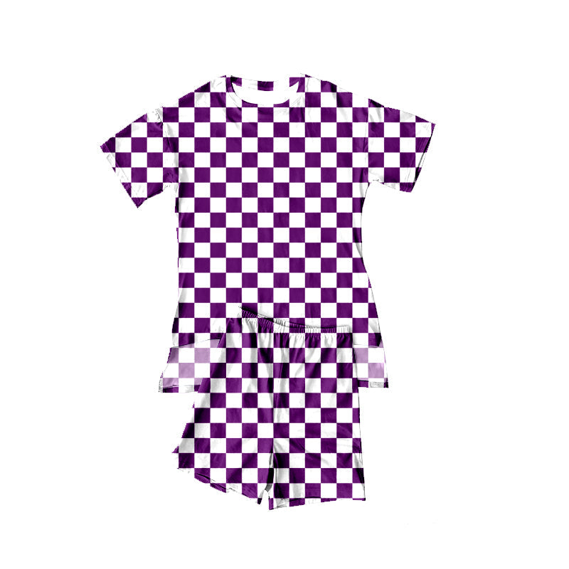 ( Moq 5 ) Preorder Baby Girls Short Sleeves Purple Checked Tops Shorts Summer Clothes Set