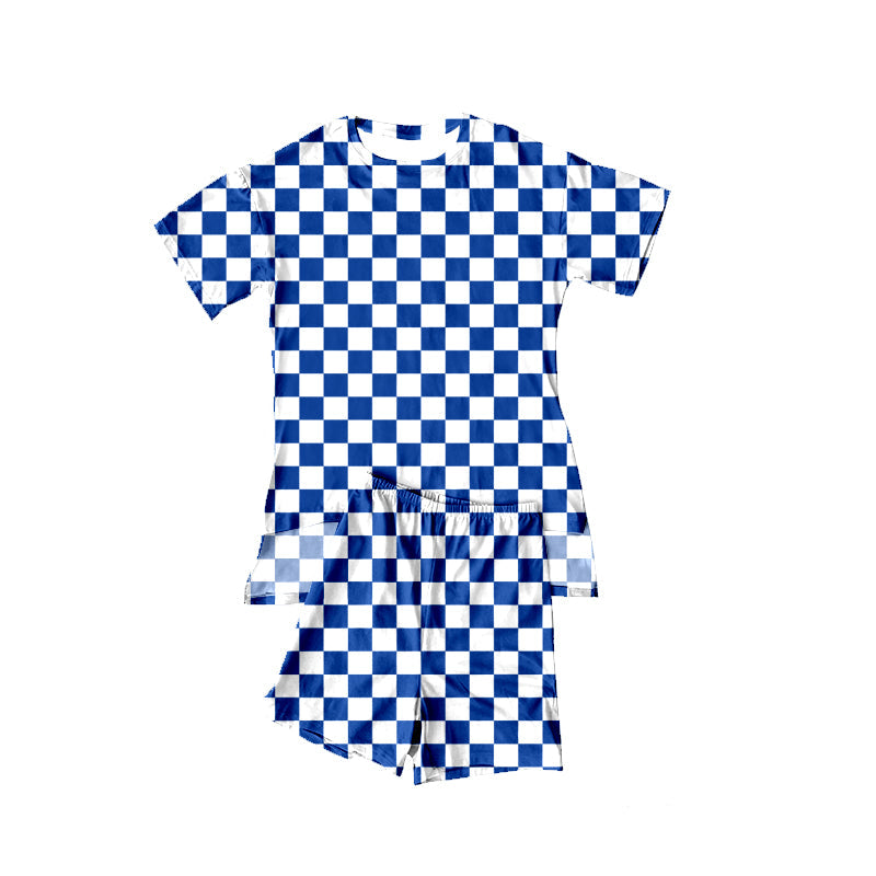 ( Moq 5 ) Preorder Baby Girls Short Sleeves Blue Checked Tops Shorts Summer Clothes Set
