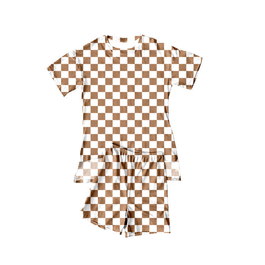 ( Moq 5 ) Preorder Baby Girls Short Sleeves Khaki Checked Tops Shorts Summer Clothes Set