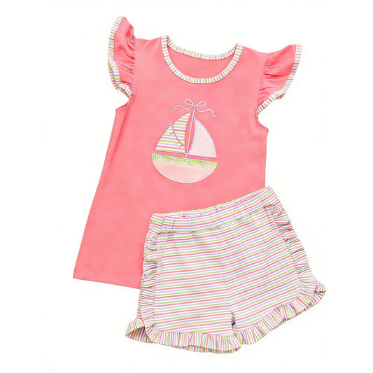 ( Moq 5 ) Preorder Baby Girls Short Sleeves Boat Pink Tops Stripes Ruffle Shorts Clothes Set