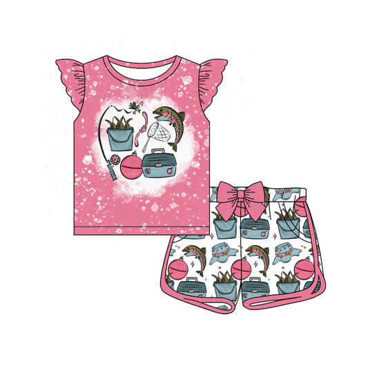 ( Moq 5 ) Preorder Baby Girls Short Sleeves Pink Shirt Fishing Bows Shorts Clothes Set