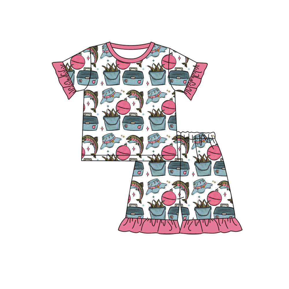 ( Moq 5 ) Preorder Baby Girls Kids Short Sleeves Fishing Shirt Shorts Ruffle Pajamas Clothes Set