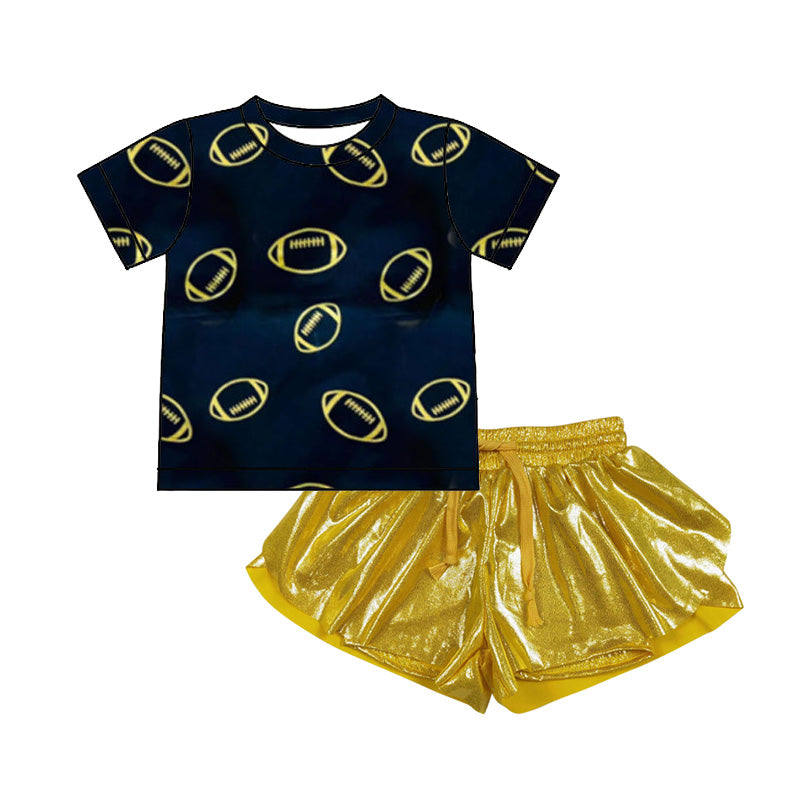 ( Moq 5 ) Preorder Baby Girls Short Sleeves Football Black Shirt Yellow Leather Shorts Clothes Set