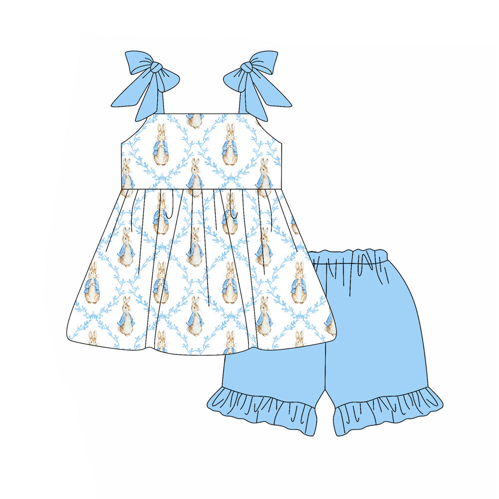 ( Moq 5 ) Preorder Baby Girls Kids Bows Straps Rabbits Tunic Blue Shorts Easter Clothes Outfit