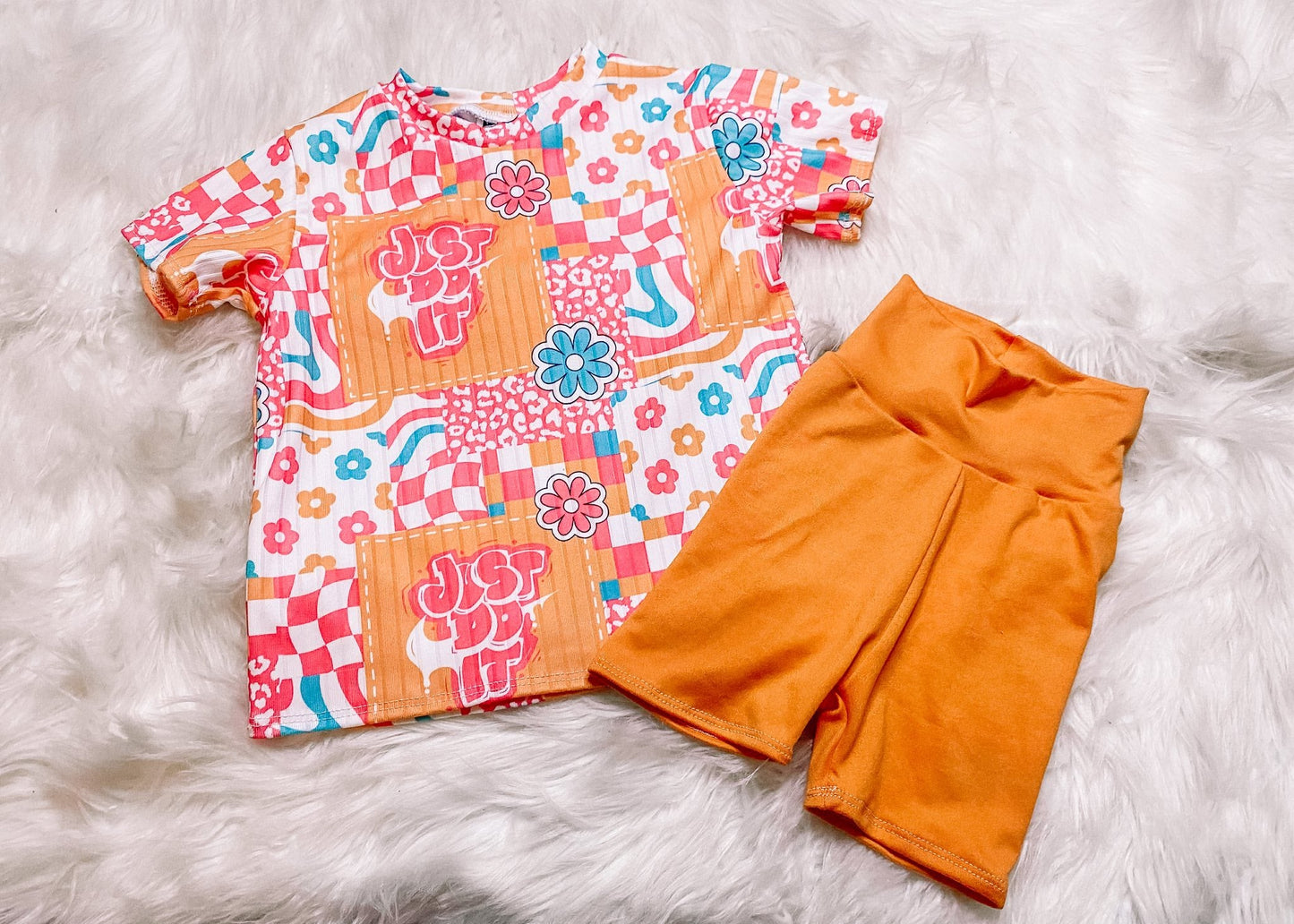 ( Moq 5 ) Preorder Baby Girls Kids Short Sleeves Flower Tops Orange Shorts Clothes Set