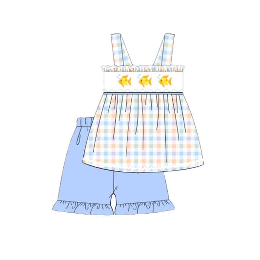 ( Moq 5 ) Preorder Baby Girls Kids Straps Fish Plaid Tunic Blue Shorts Clothes Summer Set