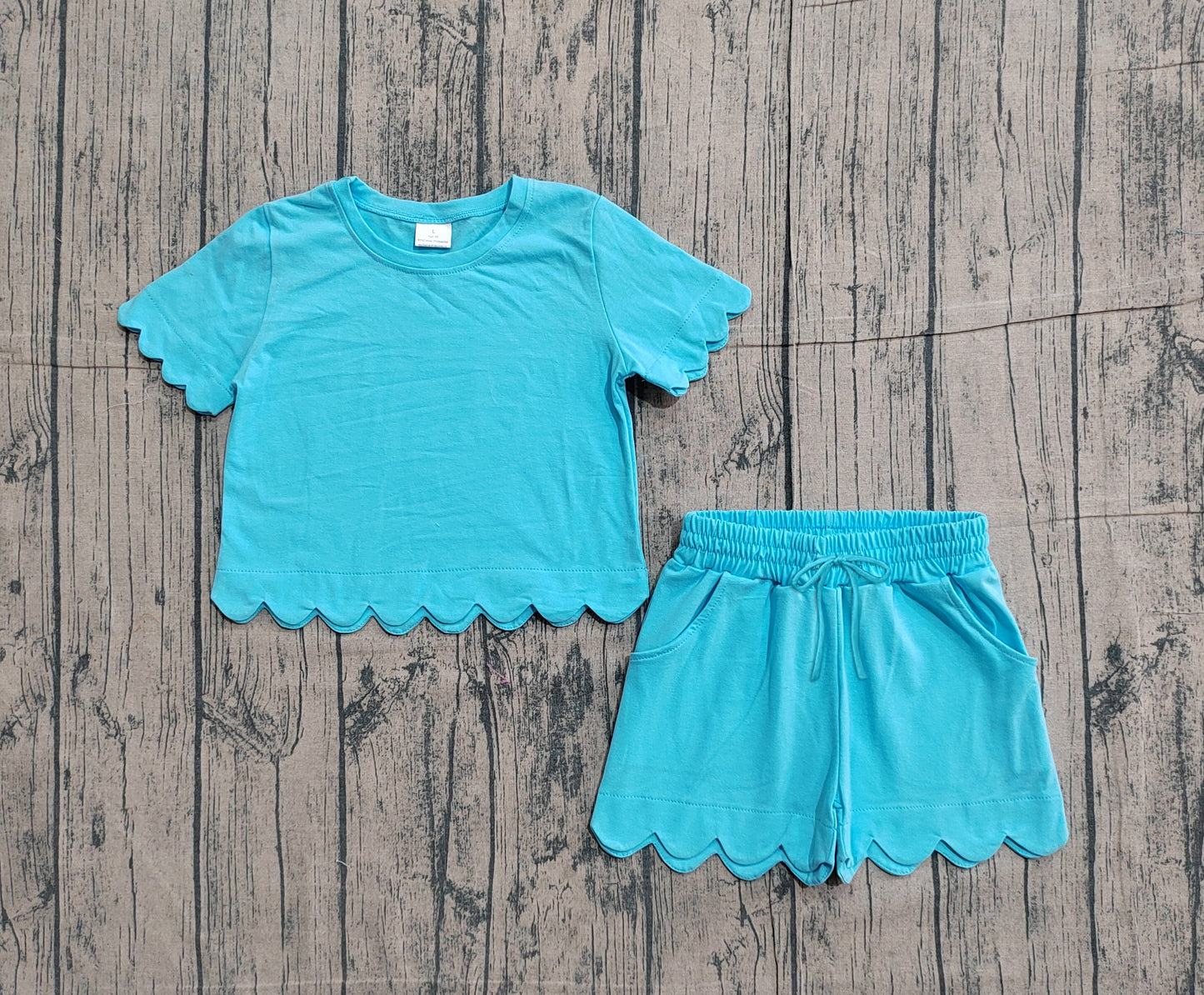 Baby Girls Kids Short Sleeves Blue Green Shirt Scallop Shorts Summer Clothes Set RTS