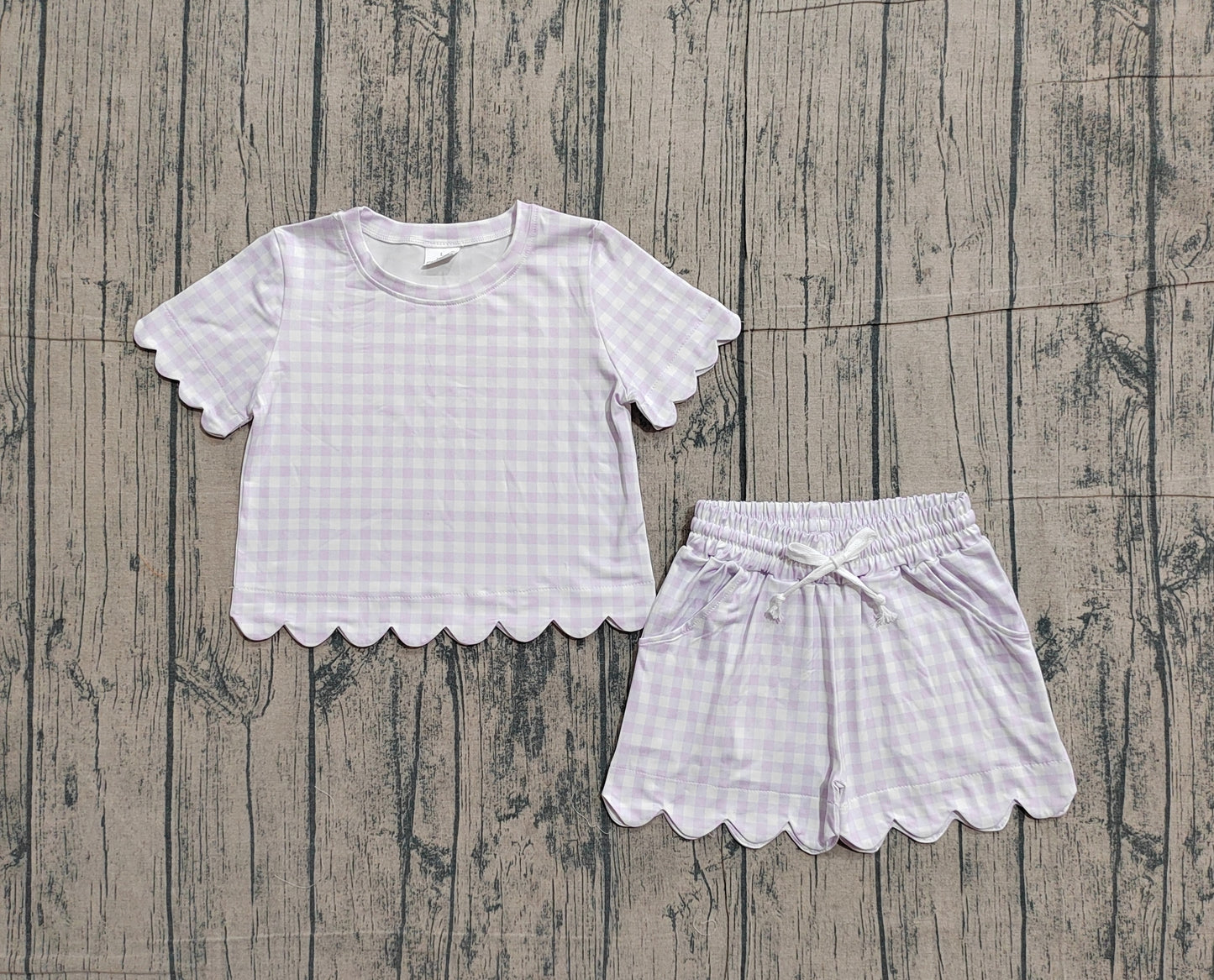 Baby Girls Kids Short Sleeves Plaid Shirt Scallop Shorts Purple Clothes Set RTS