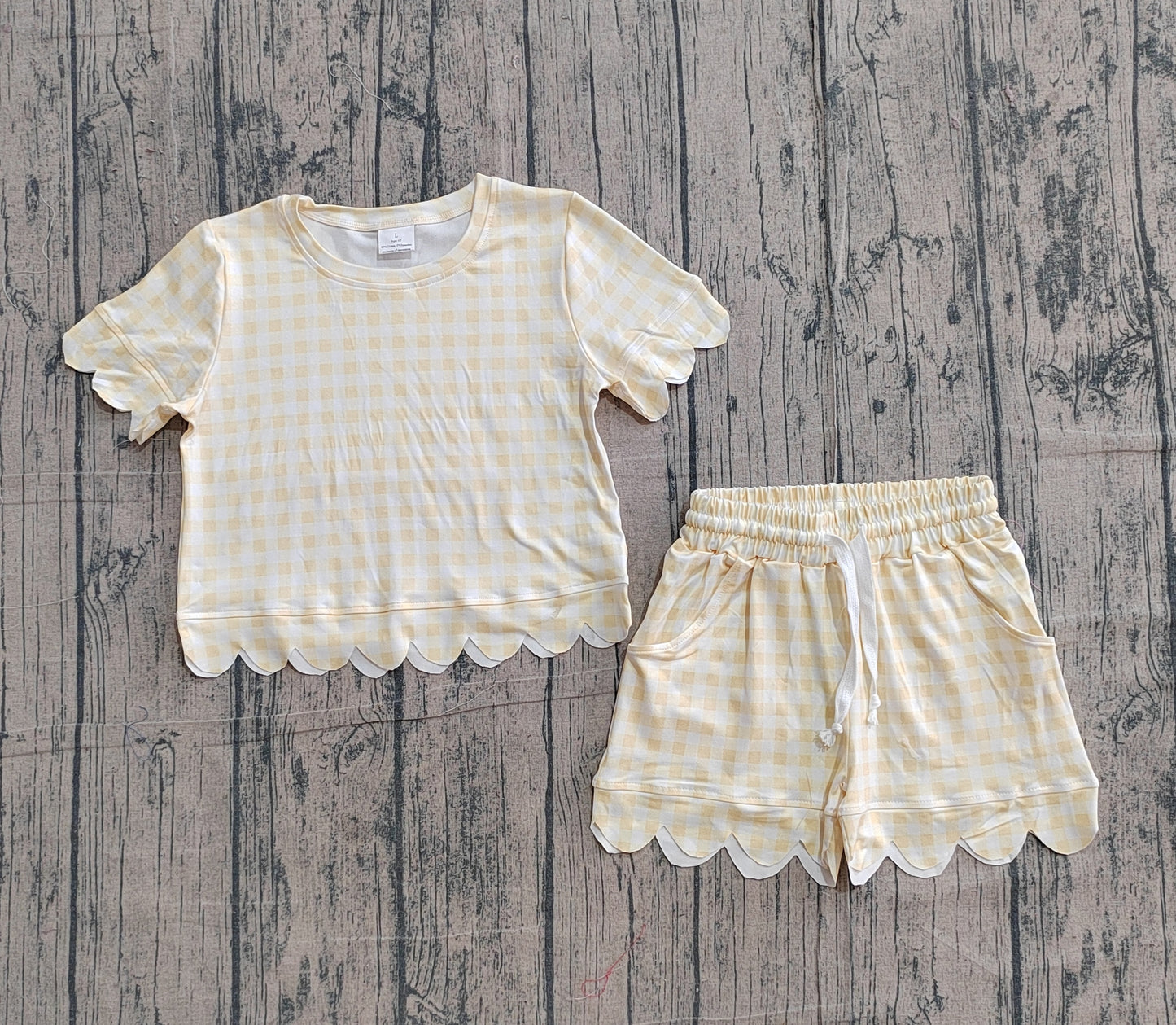 Baby Girls Kids Short Sleeves Plaid Shirt Scallop Shorts Yellow Clothes Set RTS