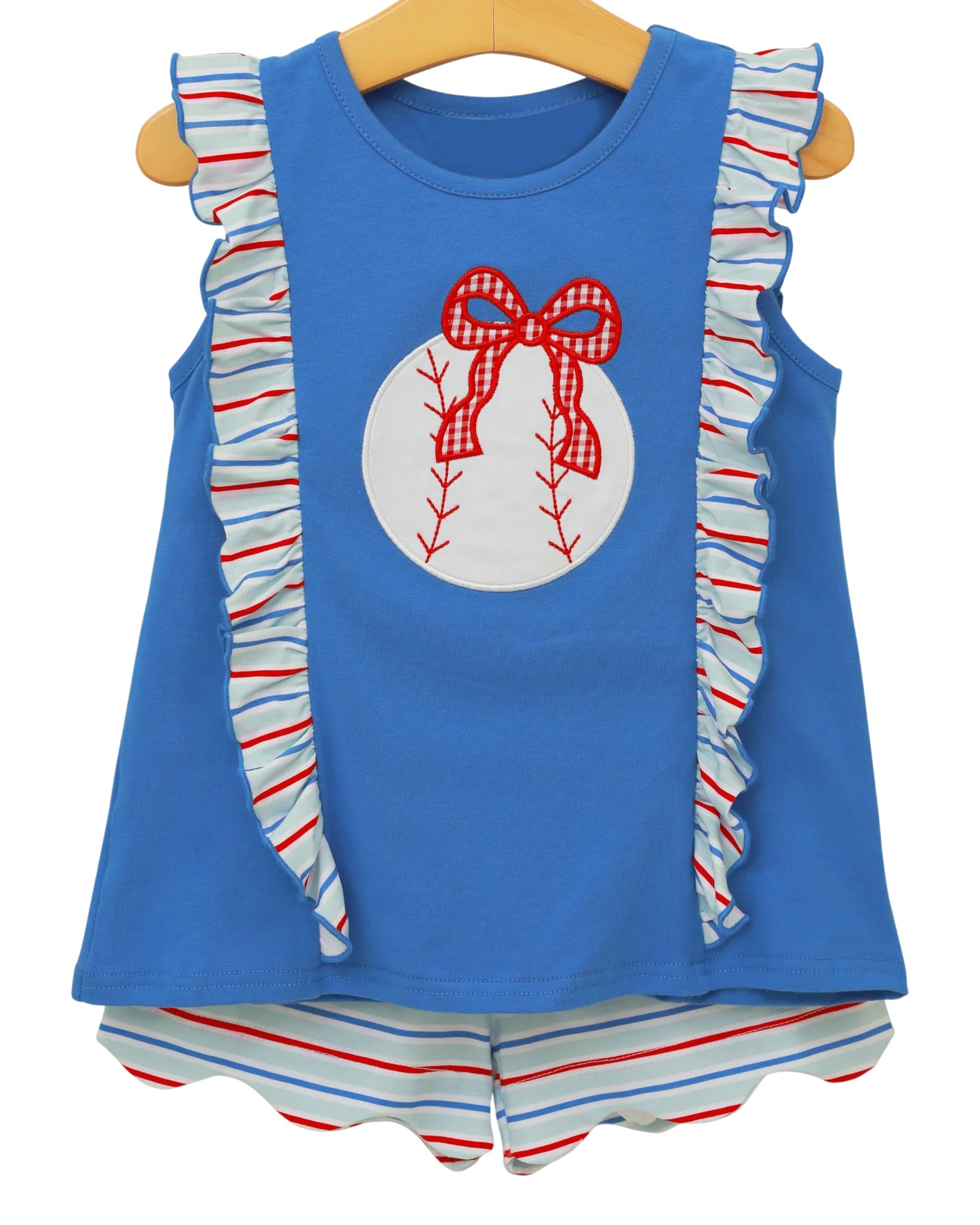 ( Moq 5 ) Preorder Baby Girls Kids Baseball Ruffle Tops Stripes Shorts Summer Clothes Set