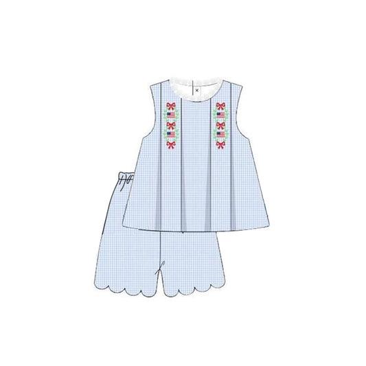 ( Moq 5 ) Preorder Baby Girls Kids Flags Bows Tops Plaid Shorts 4th of July Clothes Blue Set