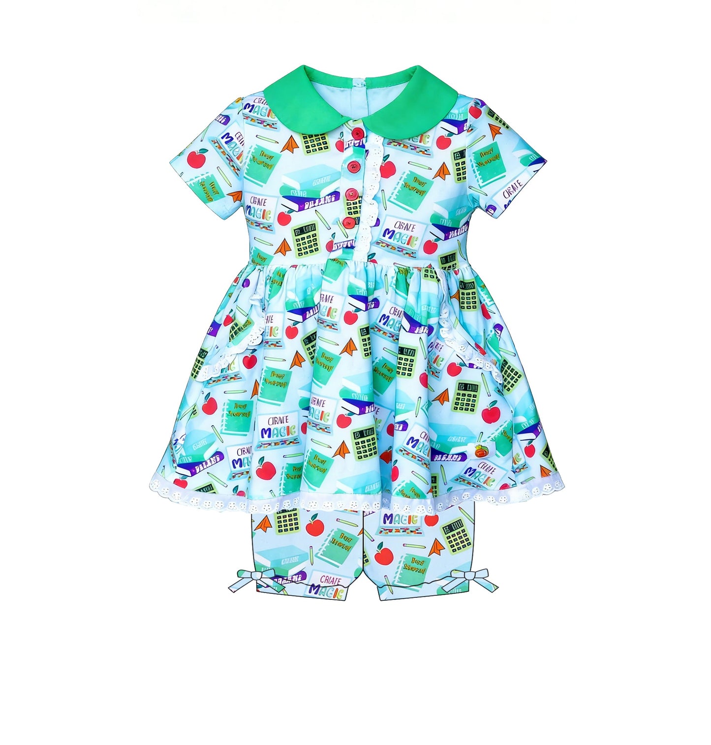 ( Moq 5 ) Preorder Baby Girls Kids Short Sleeves Books Apple Tunic Shorts Back to School Green Set