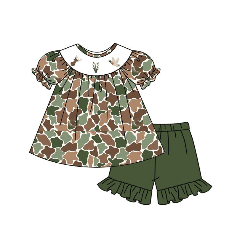 ( Moq 5 ) Preorder Baby Girls Kids Short Sleeves Duck Deer Camo Tunic Green Shorts Hunting Set