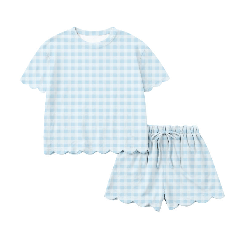 ( Moq 5 ) Preorder Adult Women Short Sleeves Shirt Shorts Light Blue Plaid Yoga Active Clothes Set