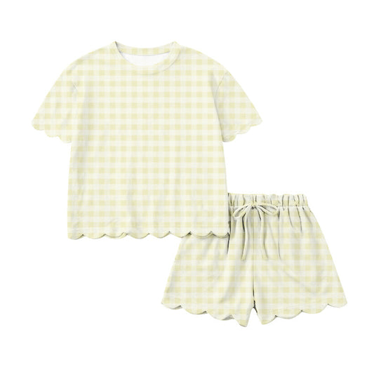( Moq 5 ) Preorder Adult Women Short Sleeves Shirt Shorts Yellow Plaid Yoga Active Clothes Set