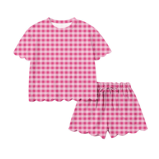 ( Moq 5 ) Preorder Adult Women Short Sleeves Shirt Shorts Pink Plaid Yoga Active Clothes Set