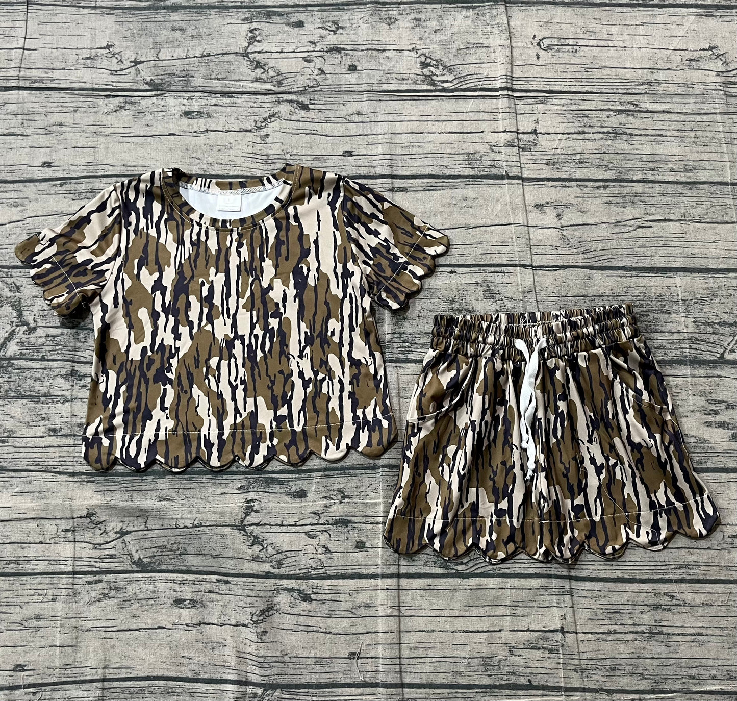 Baby Girls Short Sleeves Scallop Shirt Camo Shorts Summer Clothes Set RTS
