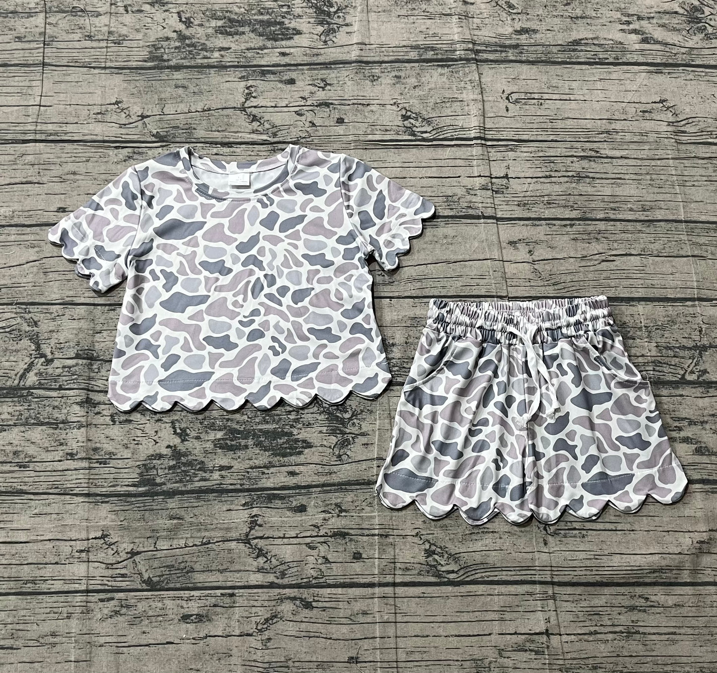 Baby Girls Short Sleeves Grey Camo Shirt Scallop Shorts Summer Clothes Set RTS