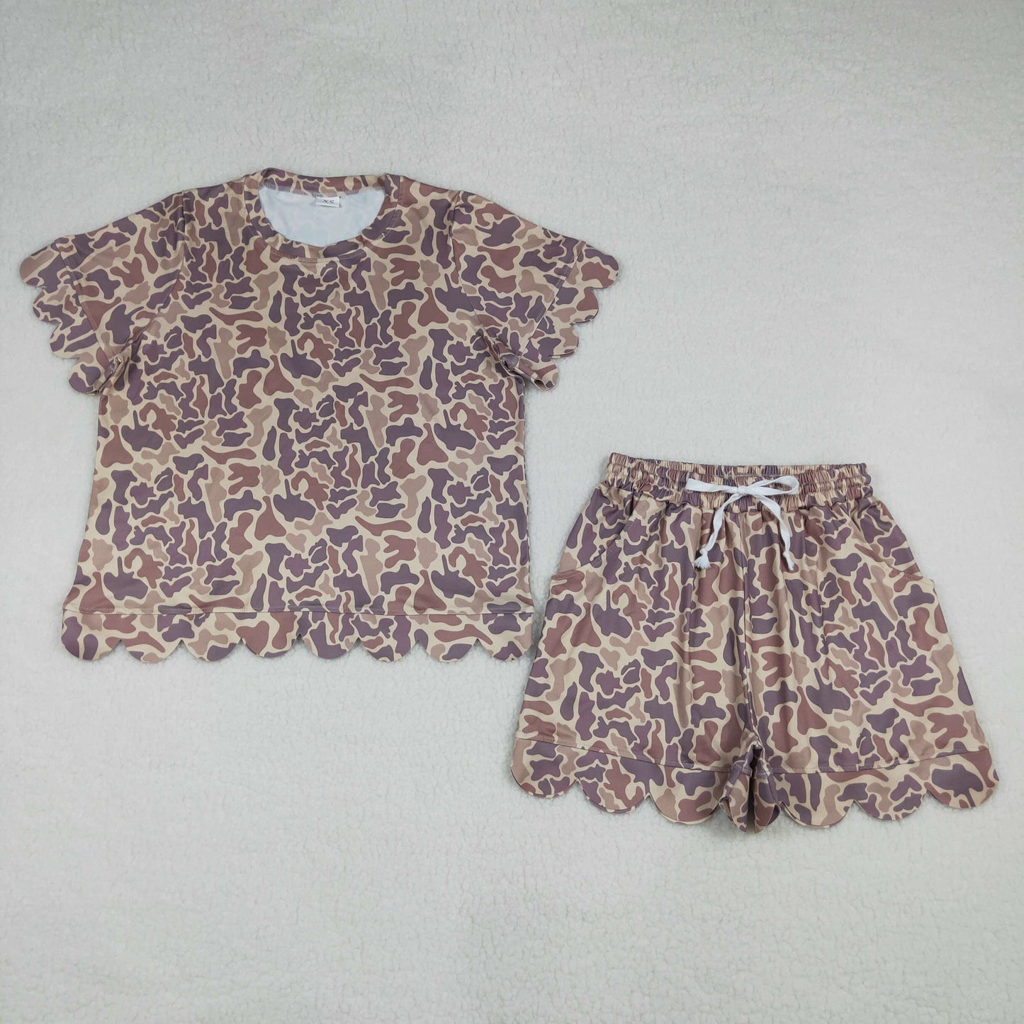 Sibling Adult Women Short Sleeves Camo Shirts Pockets Scallop Shorts Sets Clothes RTS