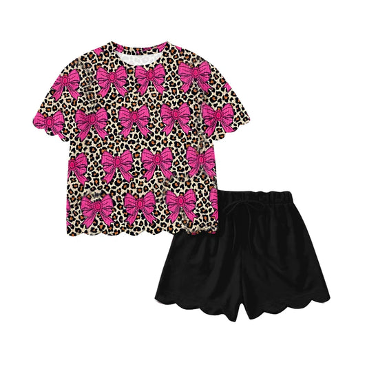 ( Moq 5 ) Preorder Baby Girls Kids Short Sleeves Bows Leopard Tops Black Shorts Summer Set