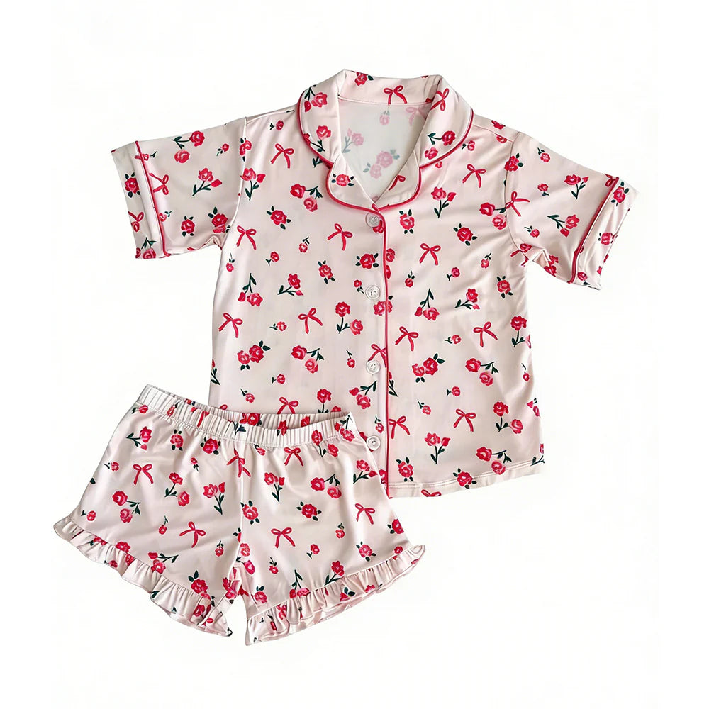 ( Moq 5 ) Preorder Baby Girls Kids Short Sleeves Floral Bows Buttons Tops Shorts Pajamas Set