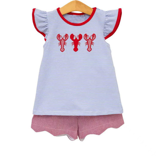 ( Moq 5 ) Preorder Baby Girl Kids Short Sleeves Crayfish Stripes Tops Pink Shorts Summer Set
