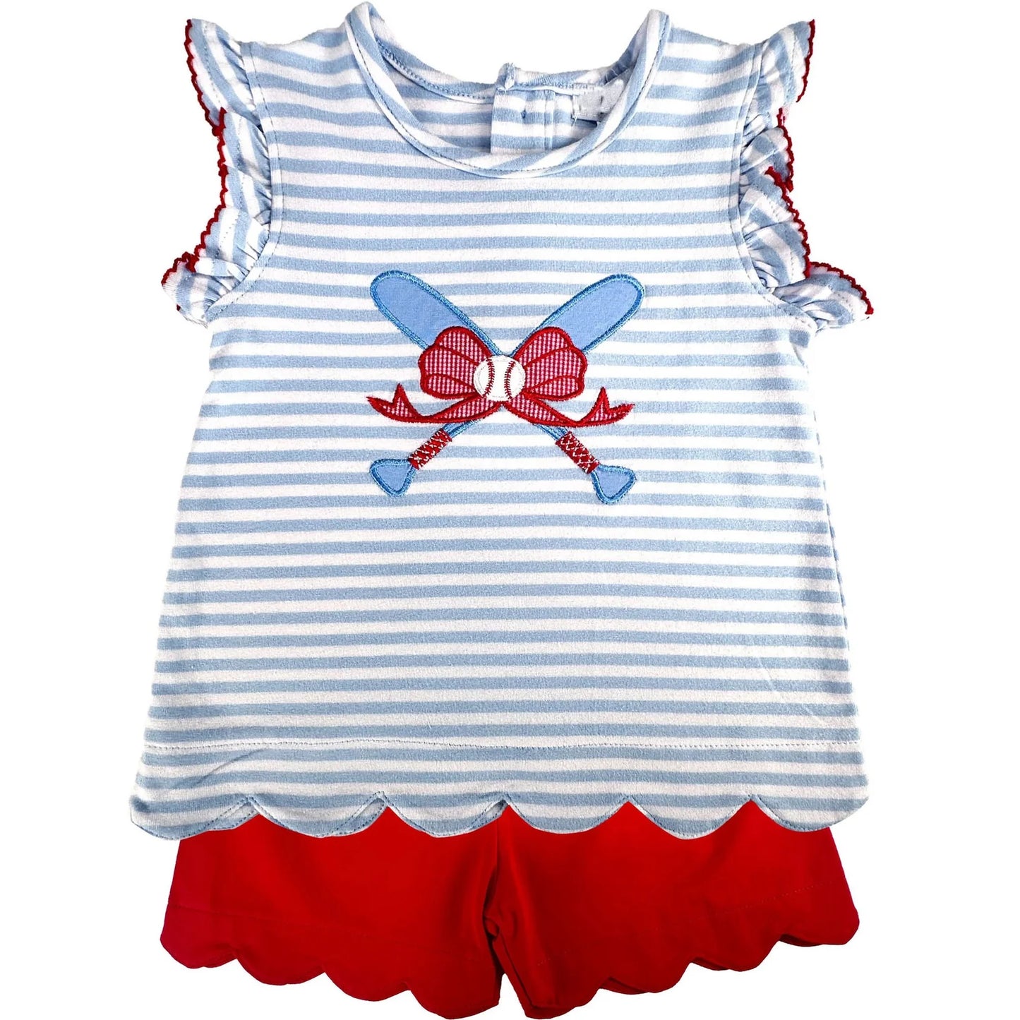 ( Moq 5 ) Preorder Baby Girls Kids Sleeveless Baseball Bows Stripes Tops Red Shorts Summer Set