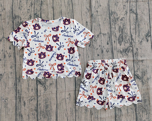 ( No moq ) Preorder Baby Girls Kids Short Sleeves Bows AU Team Shirt Scallop Shorts Summer Set