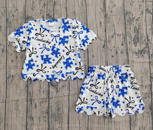 ( No moq ) Preorder Baby Girls Kids Short Sleeves UK Bows Team Shirt Scallop Shorts Summer Set