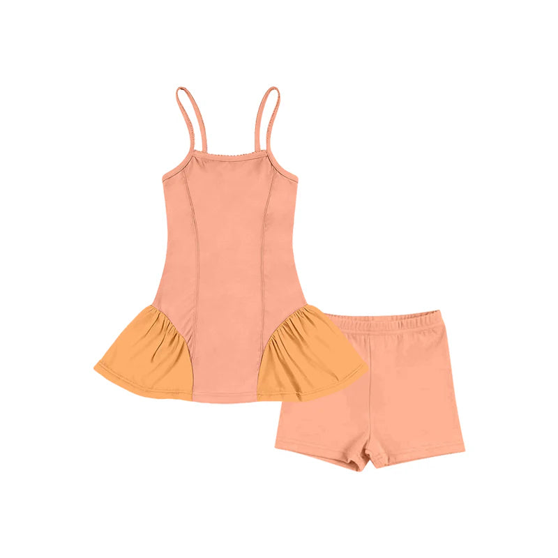 ( Moq 5 ) Preorder Baby Girls Kids Straps Tunic Shorts Orange Yoga Active Summer Set