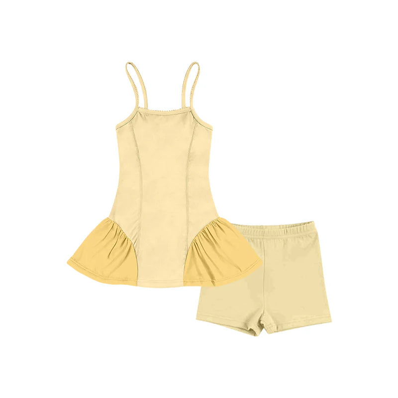 ( Moq 5 ) Preorder Baby Girls Kids Straps Tunic Shorts Yellow Yoga Active Summer Set