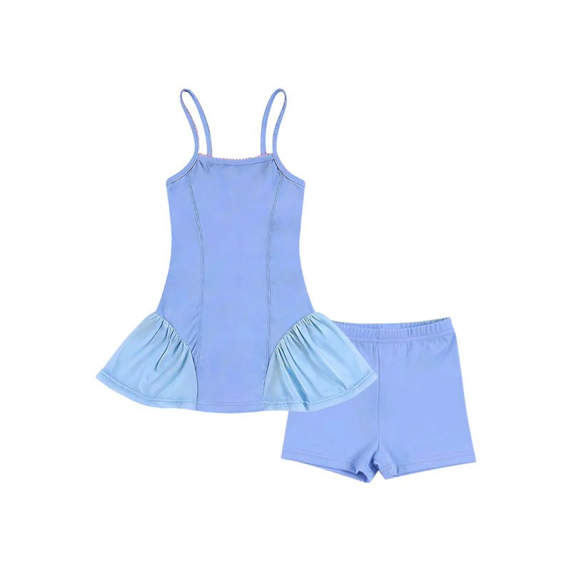 ( Moq 5 ) Preorder Baby Girls Kids Straps Tunic Shorts Blue Yoga Active Summer Set