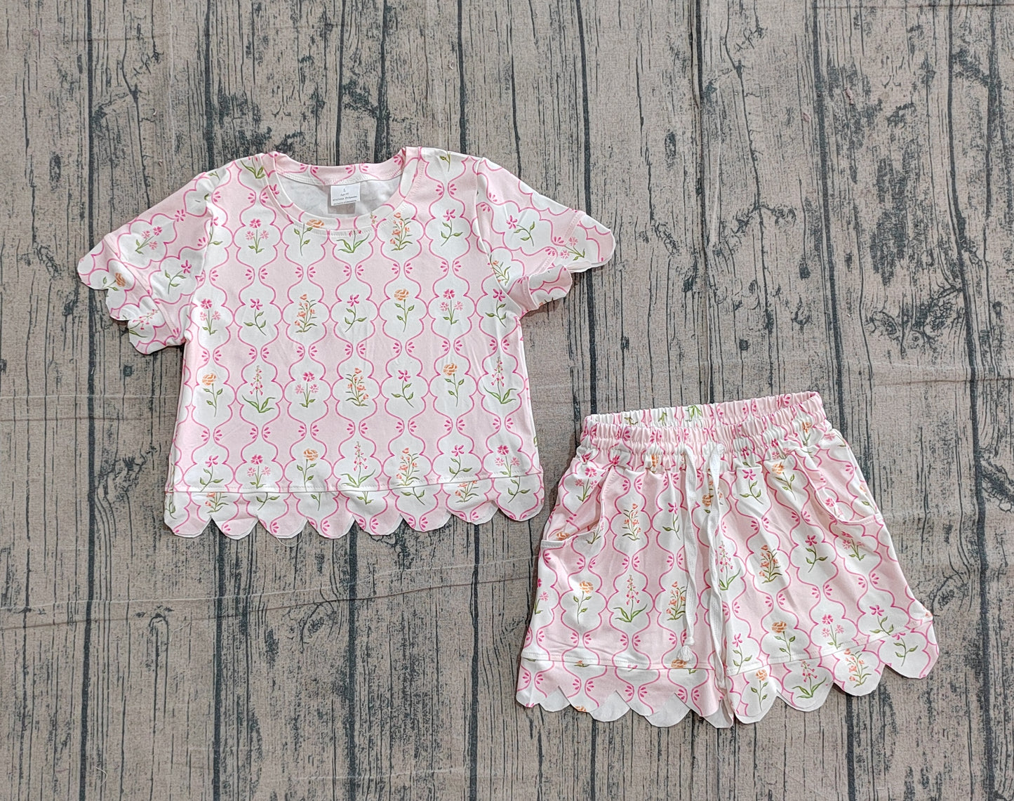 Baby Girls Kids Short Sleeves Flower Pink Shirt Scallop Shorts Summer Set RTS