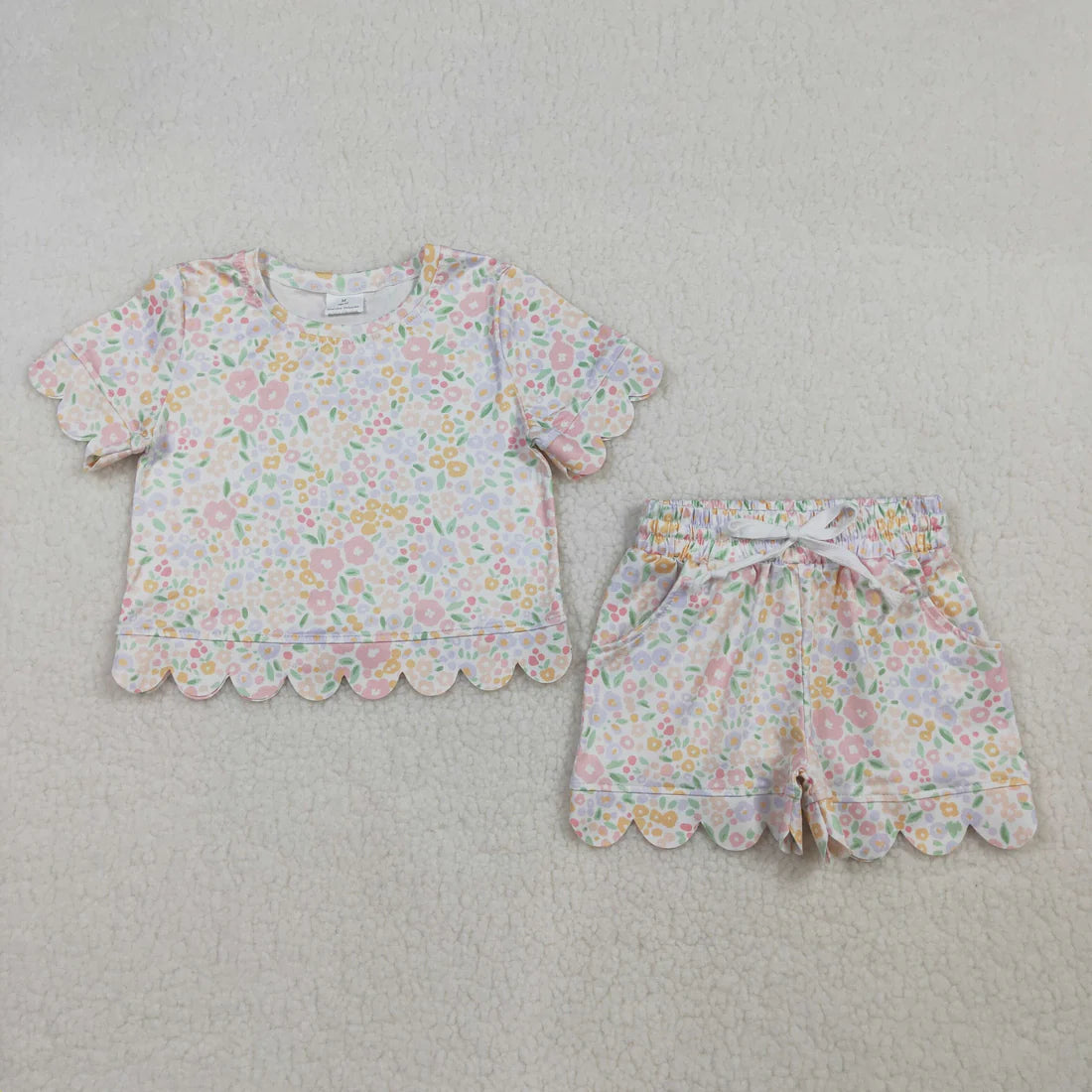 Sibling Baby Girls Kids Short Sleeves Flower Scallop Shirts Shorts Summer Sets Clothes RTS