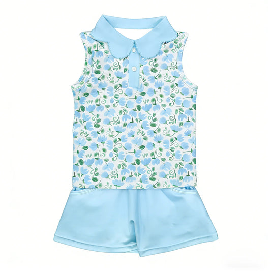 ( Moq 5 ) Preorder Baby Girls Toddler Sleeveless Flower Buttons Tops Blue Pockets Shorts Summer Set