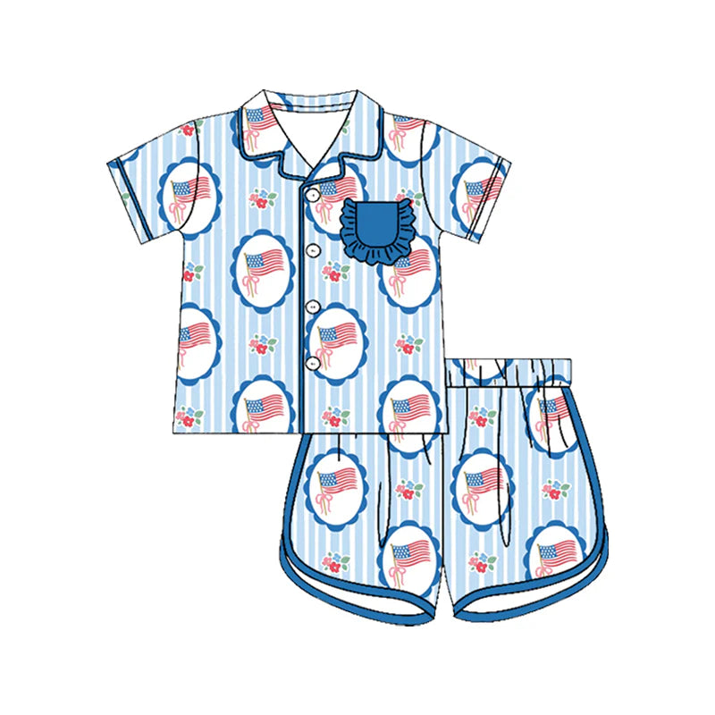 ( Moq 5 ) Preorder Baby Girls Kids Short Sleeves Flags Bows Blue Stripes Buttons Shirt Shorts 4th of July Set