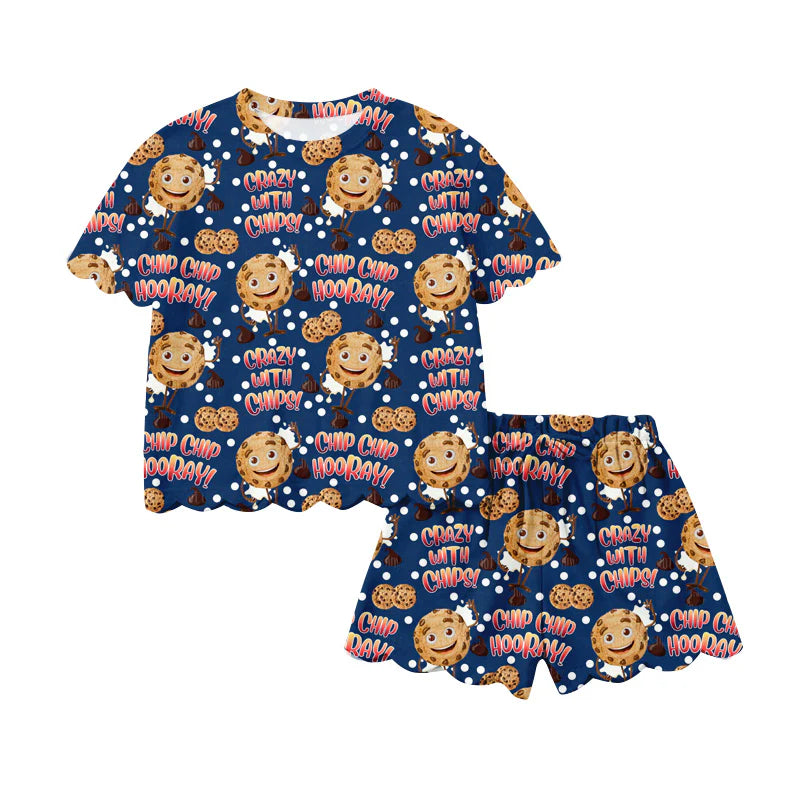 ( Moq 5 ) Preorder Baby Girls Kids Short Sleeves Cookies Shirt Navy Shorts Summer Set