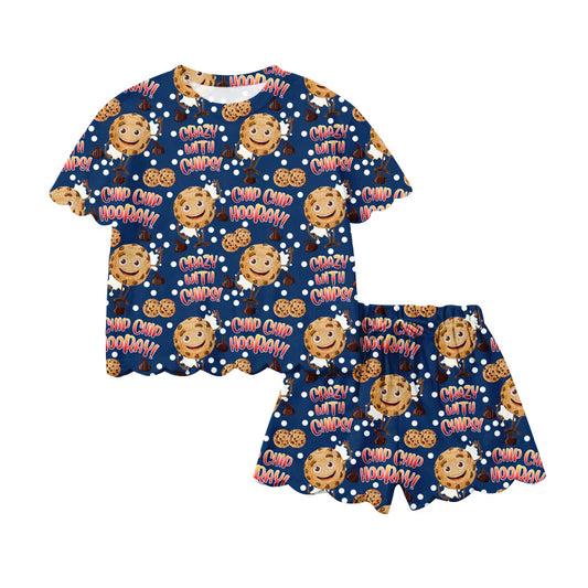 ( Moq 5 ) Preorder Baby Girls Kids Short Sleeves Cookies Shirt Navy Shorts Summer Set
