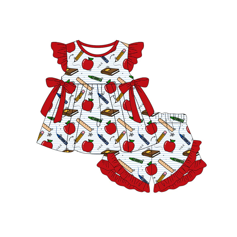 ( Moq 5 ) Preorder Baby Girls Kids Short Sleeves Apple Pencil Bows Tops Shorts Back to School Set