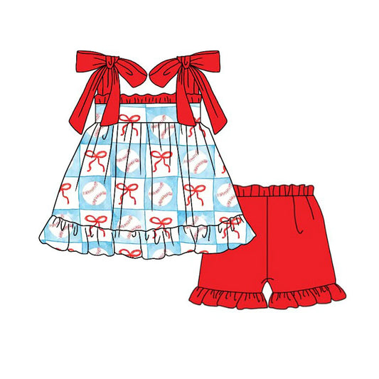 ( Moq 5 ) Preorder Baby Girls Kids Straps Baseball Bows Tops Red Ruffle Shorts Summer Set