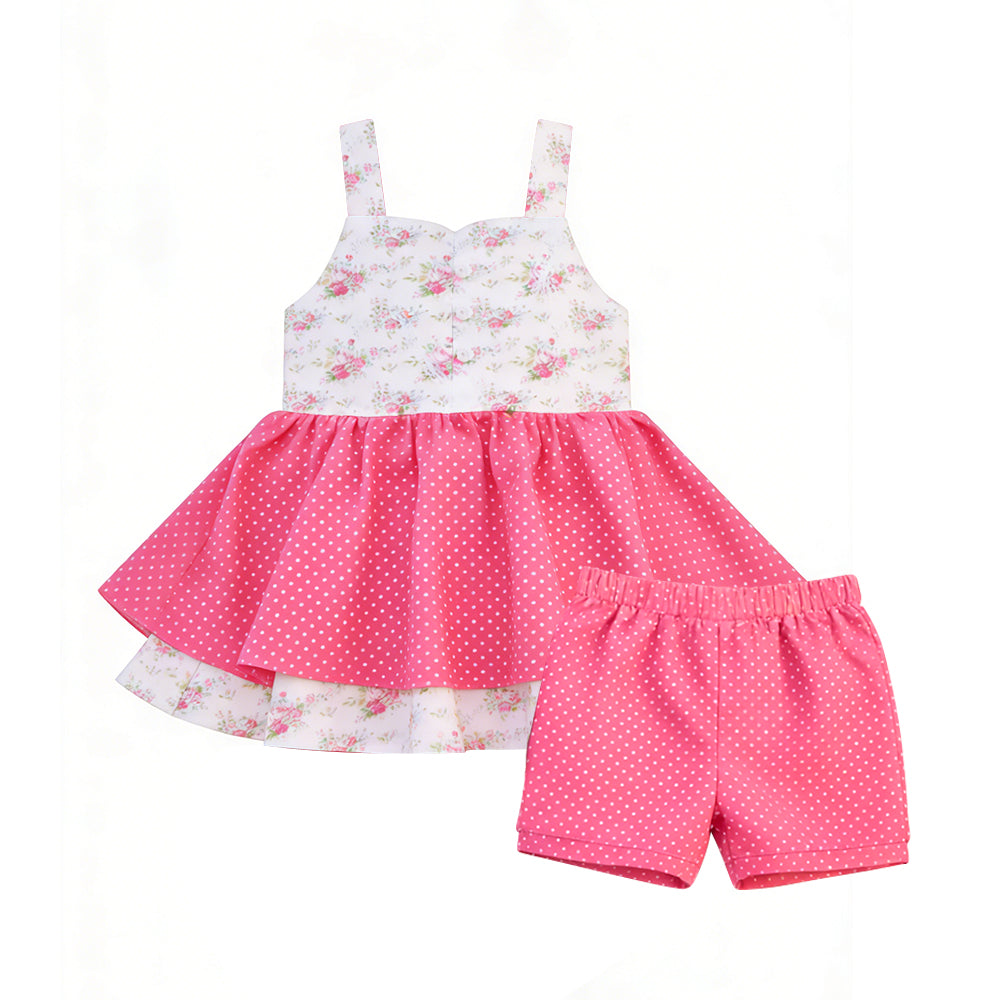 ( Moq 5 ) Preorder Baby Girls Kids Straps Flower Ruffle Tunic Dots Pink Shorts Summer Set