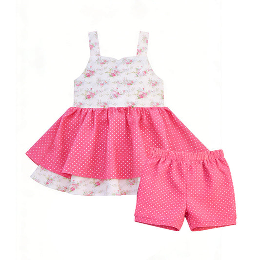 ( Moq 5 ) Preorder Baby Girls Kids Straps Flower Ruffle Tunic Dots Pink Shorts Summer Set